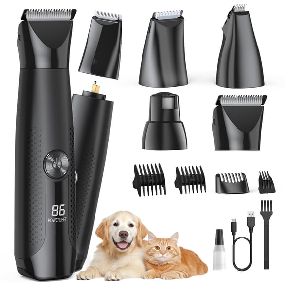 Dog Clippers with LED Display, Cordless 4-in-1 Pet Grooming Tool for Dogs Cats, Low-Noise Hair Trimmer with Nail Grinder Attachment, Rechargeable