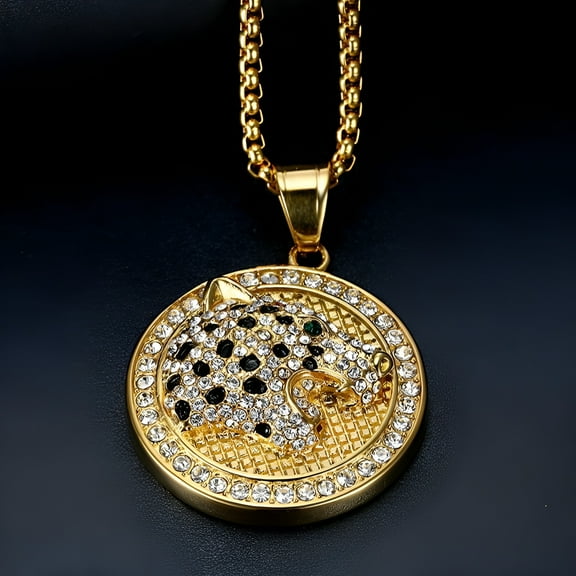 Leopard Head Luxury Zircon Round Pendant Hip Hop Collar Chains 14K Yellow Gold Necklace for Men Women Gift Jewel