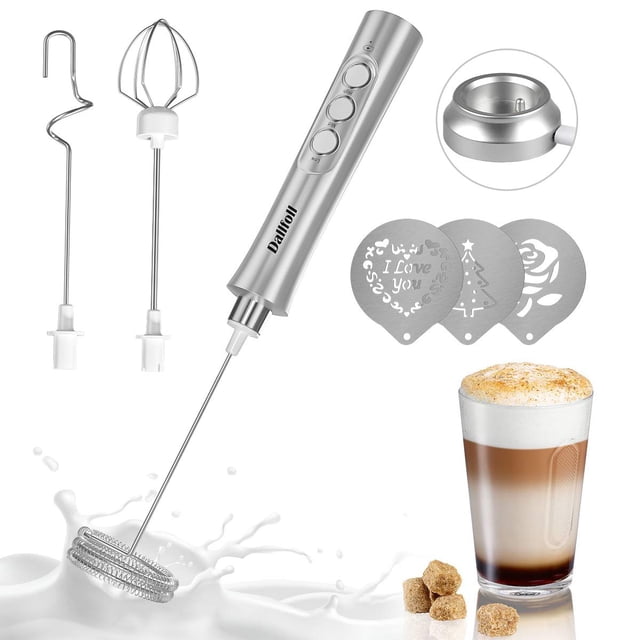 Dallfoll - Espumador de leche de mano, recargable por USB, mini máquina de espuma eléctrica para café Lattes, 3 velocidades, espumador de leche mezcladora de bebidas con 3 batidores para café a prueba
