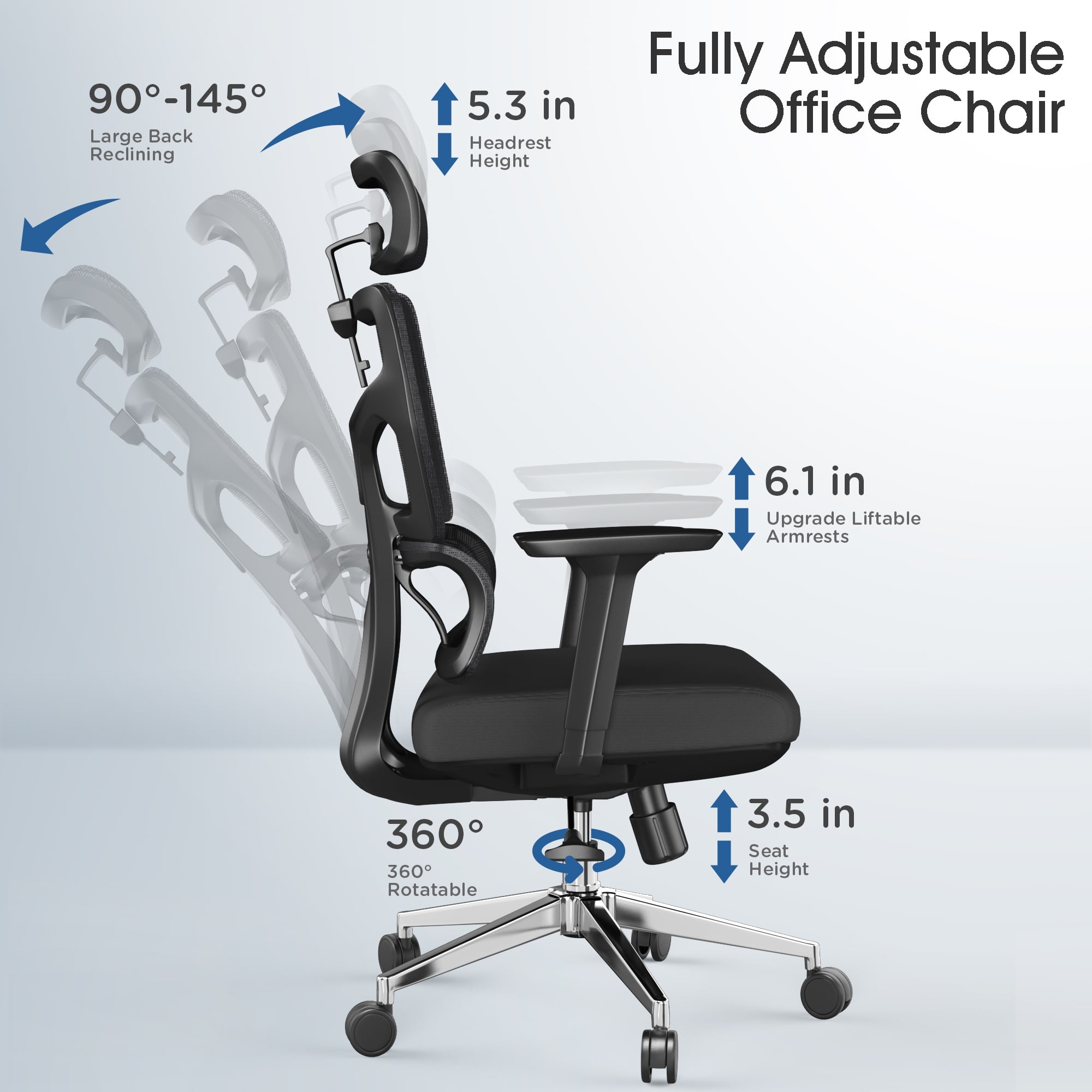 Office Chair with Foot Rest, Desk Chair Rubber Wheels Ergonomic Chair with  Lumbar Support, Adjustable Headrest & 3D Armrest, Reclining, Mesh High-Back