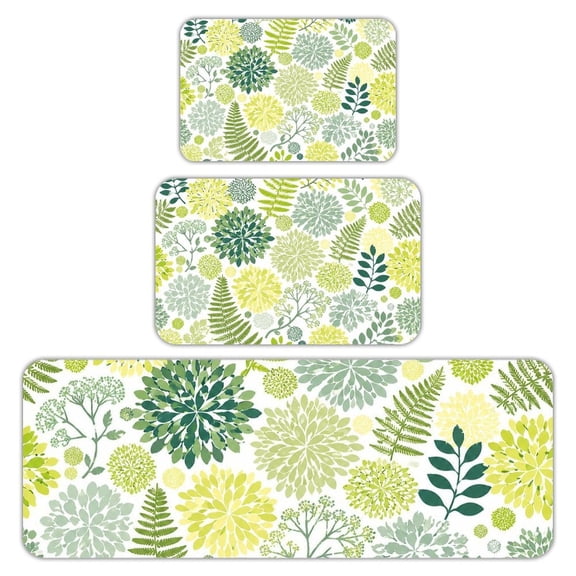 RKSupls Kitchen Rug Set 3 Piece Anti-Slip Flannel Floor Mats, Green Botanical Silhouette Washable Absorbent Runner Mats for Kitchen Bathroom Home Decor