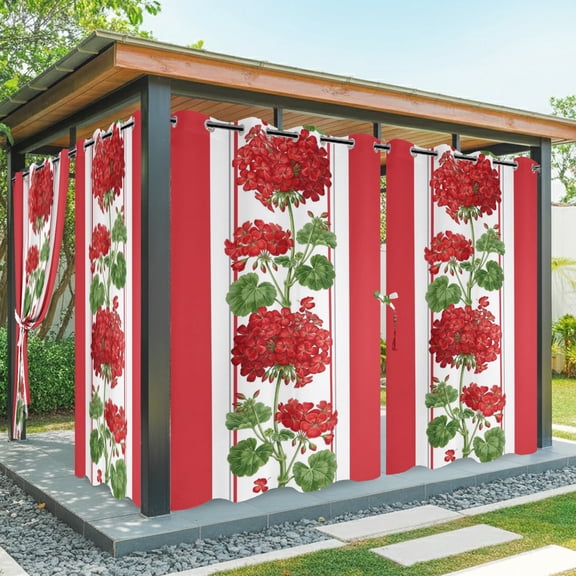 Outdoor Waterproof Patio Curtain 95" Length-1 panel,Spring Summer Flowers Geranium Outside Privacy Curtains Blackout Grommet Drapes for Porch Pergola,Red Geometric Striped