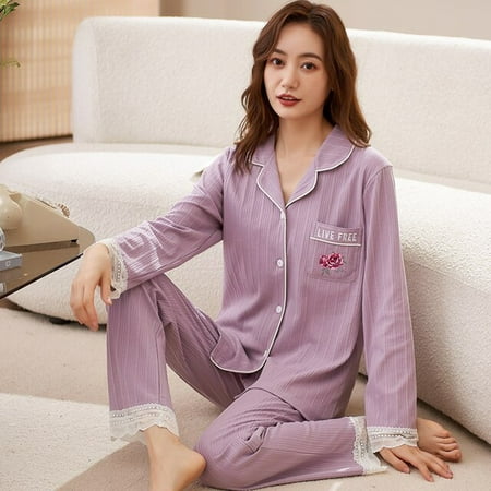 

DanceeMangoo Women Sleepwear Suit Spring Autumn Womens Knitting Cotton Long Sleeve Pajamas Set Loose Adult Mother Pijama Set Soft Home Cloth