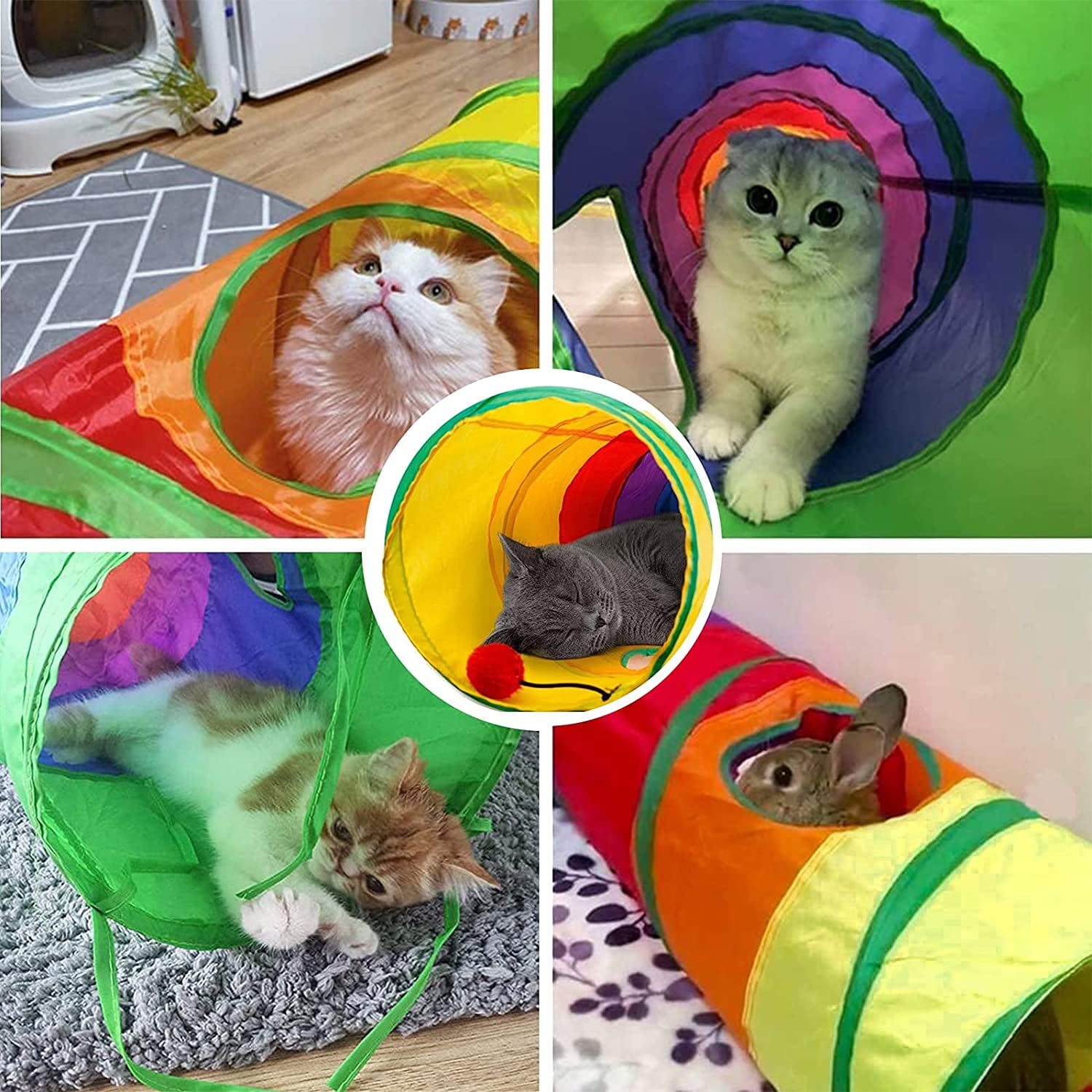 Ingenious Fun Cat Toys Eco-Friendly Educational Pet Toys Rainbow Cat Tunnel for Cats Indoor and Outdoor Games 45.289.84in 2 Holes Collapsible Portable Dailyfun Cat Tunnel Tube