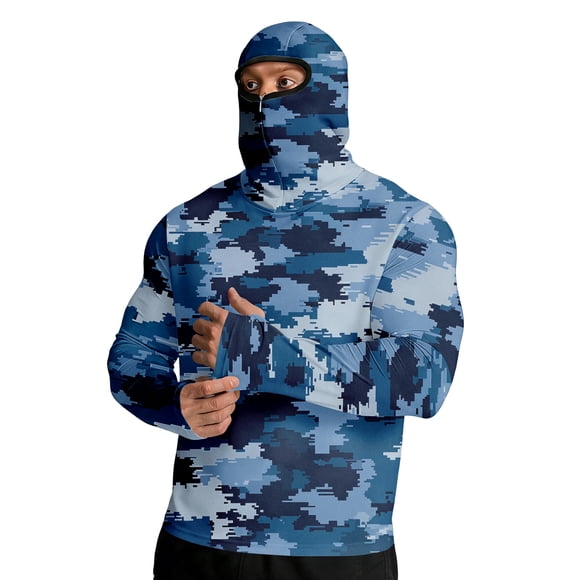 Domuza Mens Hoodie with Mask Long Sleeve Sun Protection UV UPF 50+ Camo Fishing Shirts Royal Blue XL