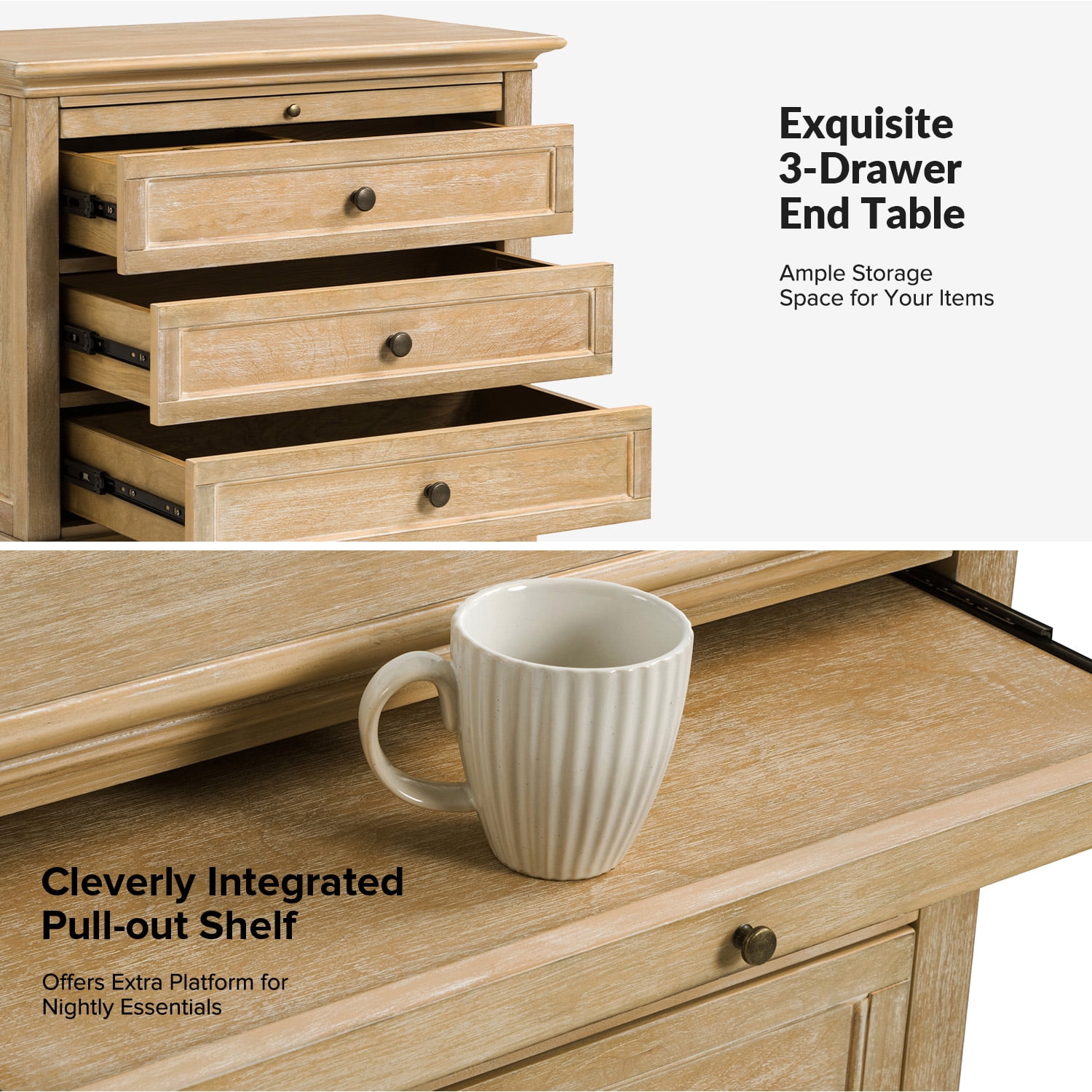 Tina's Home Farmhouse Natural Soild wood End Tables Set of 2 with Charging Station, 3 Drawer Side Table with Pull-Out Tray for Living Room, Small Spaces