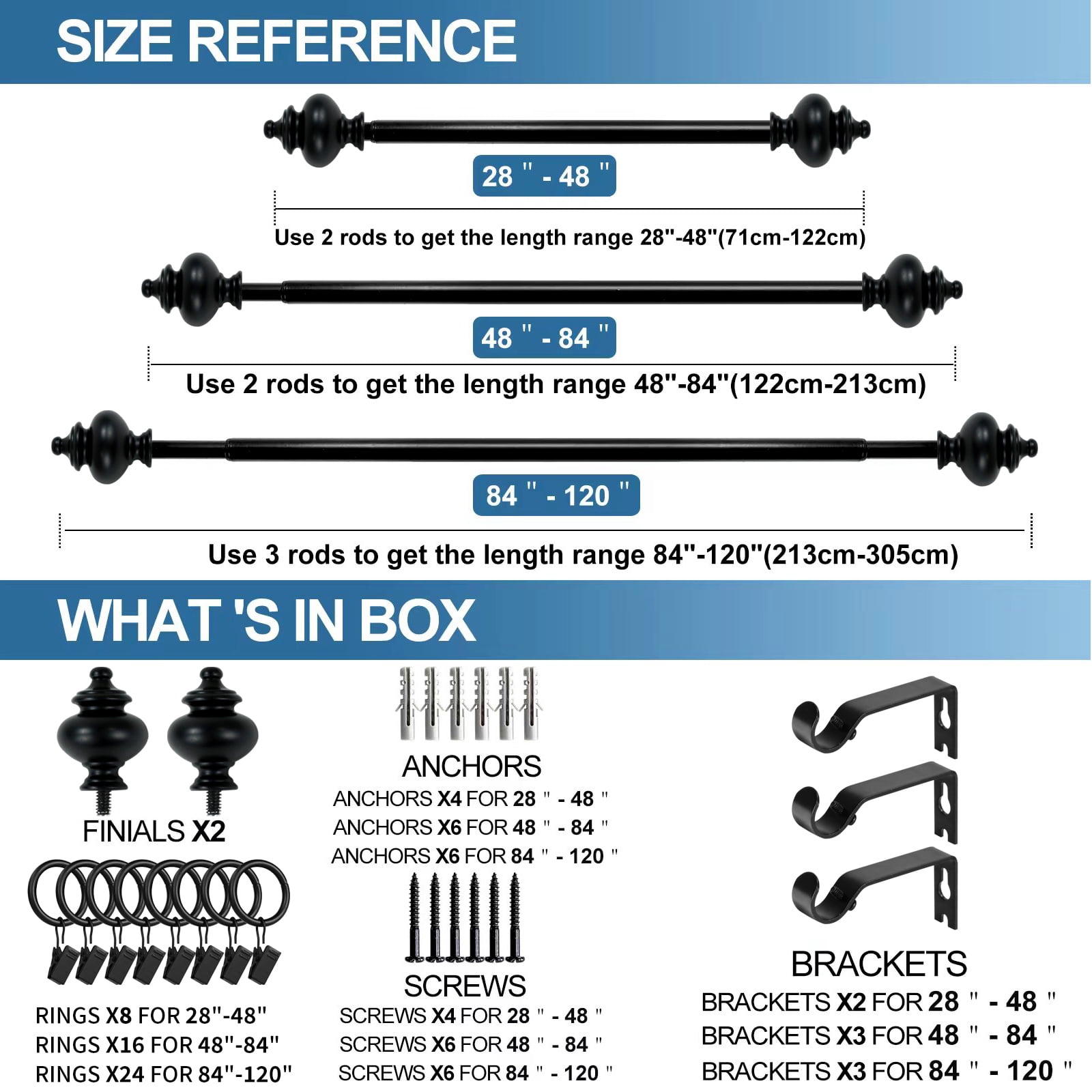 Urbanest Round Urn Curtain Rod Set With 16 Rings, 5/8", 48"-84", Black