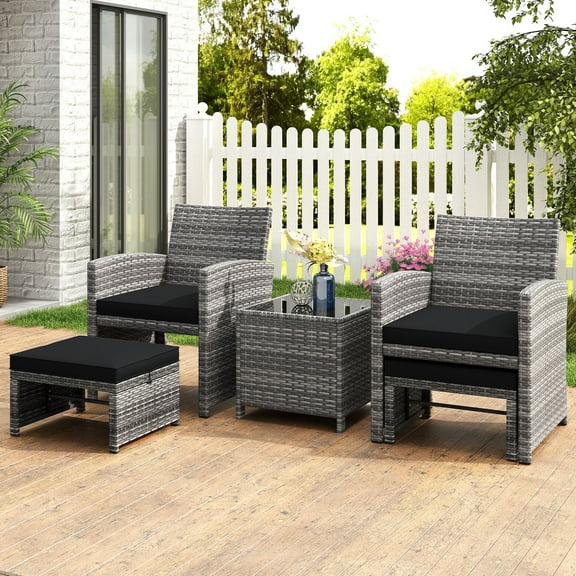 Costway 5 Pieces Patio Furniture Set PE Wicker Outdoor Lounge Chairs with 2 Ottomans Black