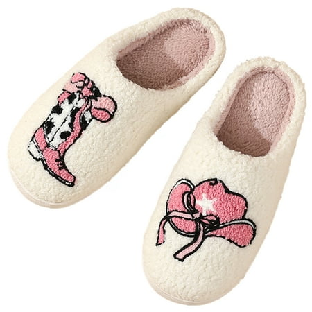 

Cute Cartoon Plush Slippers Women Winter Warm Slip-on House Shoes Anti Slip Comfortable Closed Toe Slippers Fluffy Bedroom Slippers White 40-41