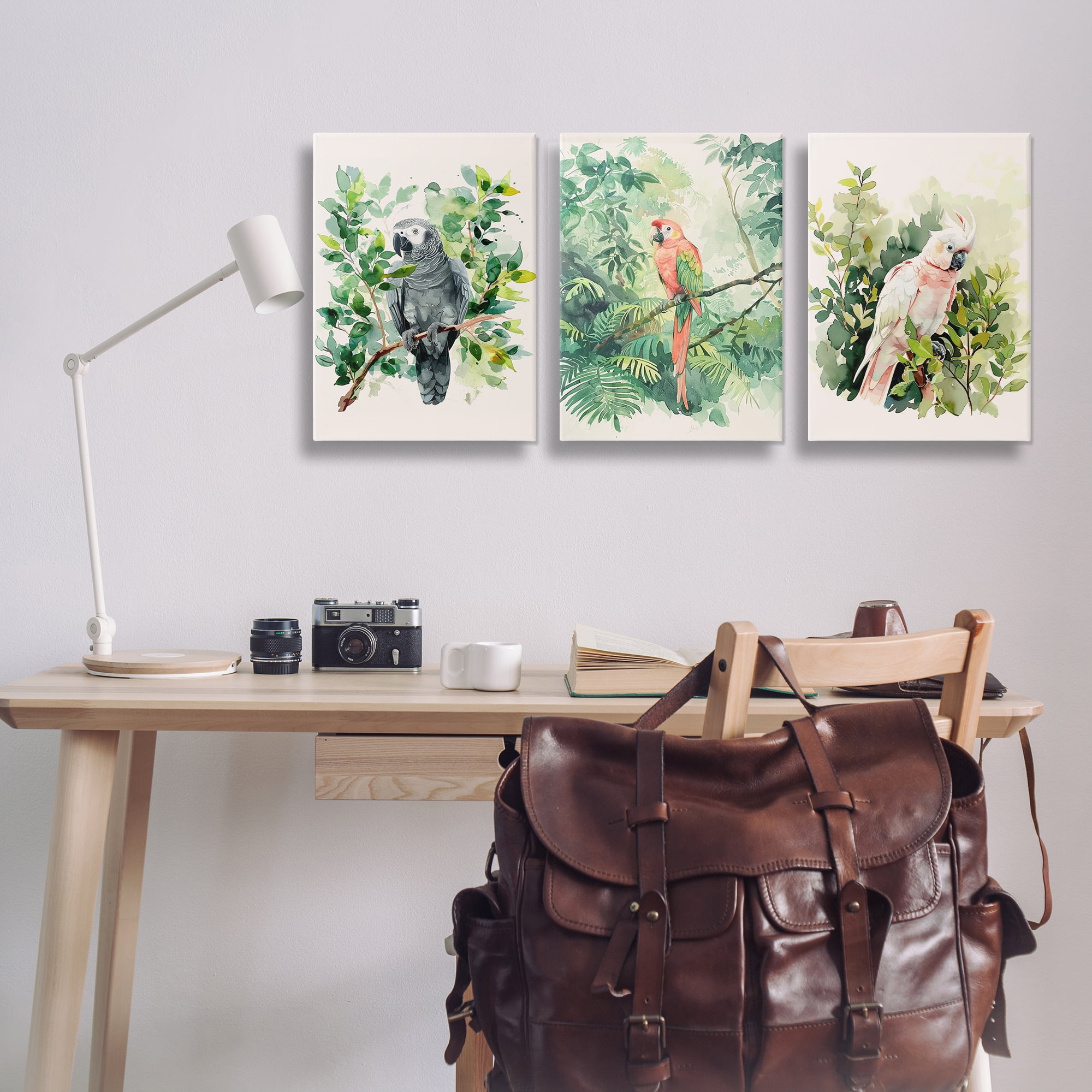 Stupell Industries Tropical Parrots in Jungle Animals Painting Wrapped Canvas Art Print Wall Art, 24 x 36, Set of 3