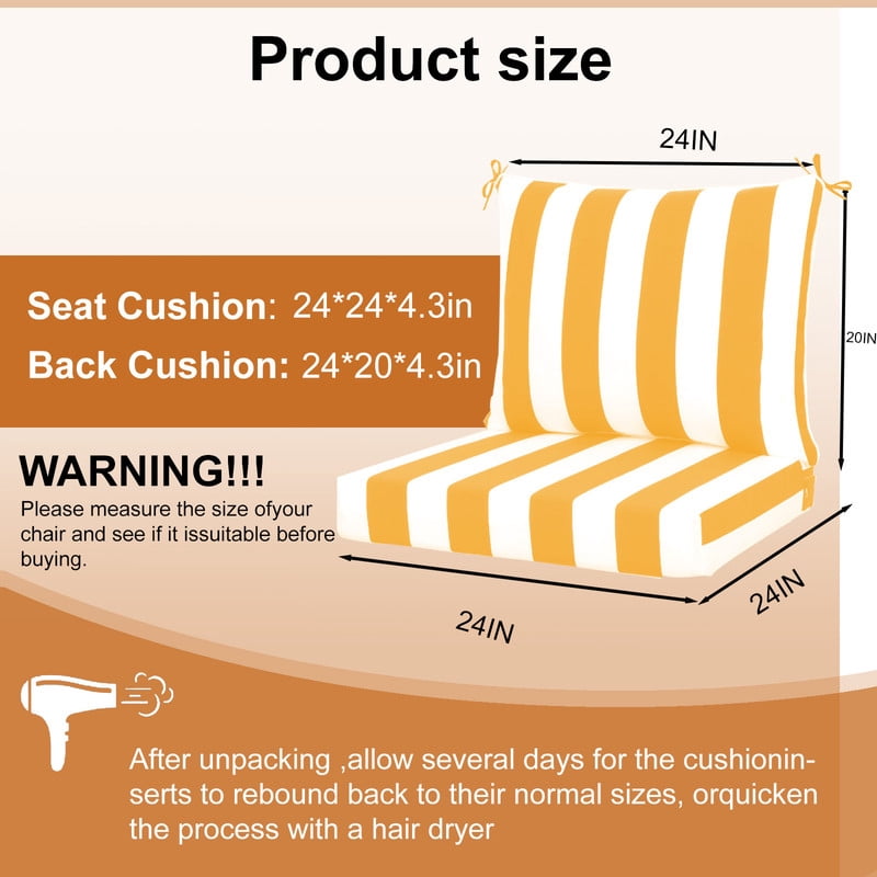 Outdoor deep seat patio cushions set, 24in x 24in, Waterproof Outdoor chair cushions, Replacement patio furniture cushions with Ties（2pc Yellow and white）