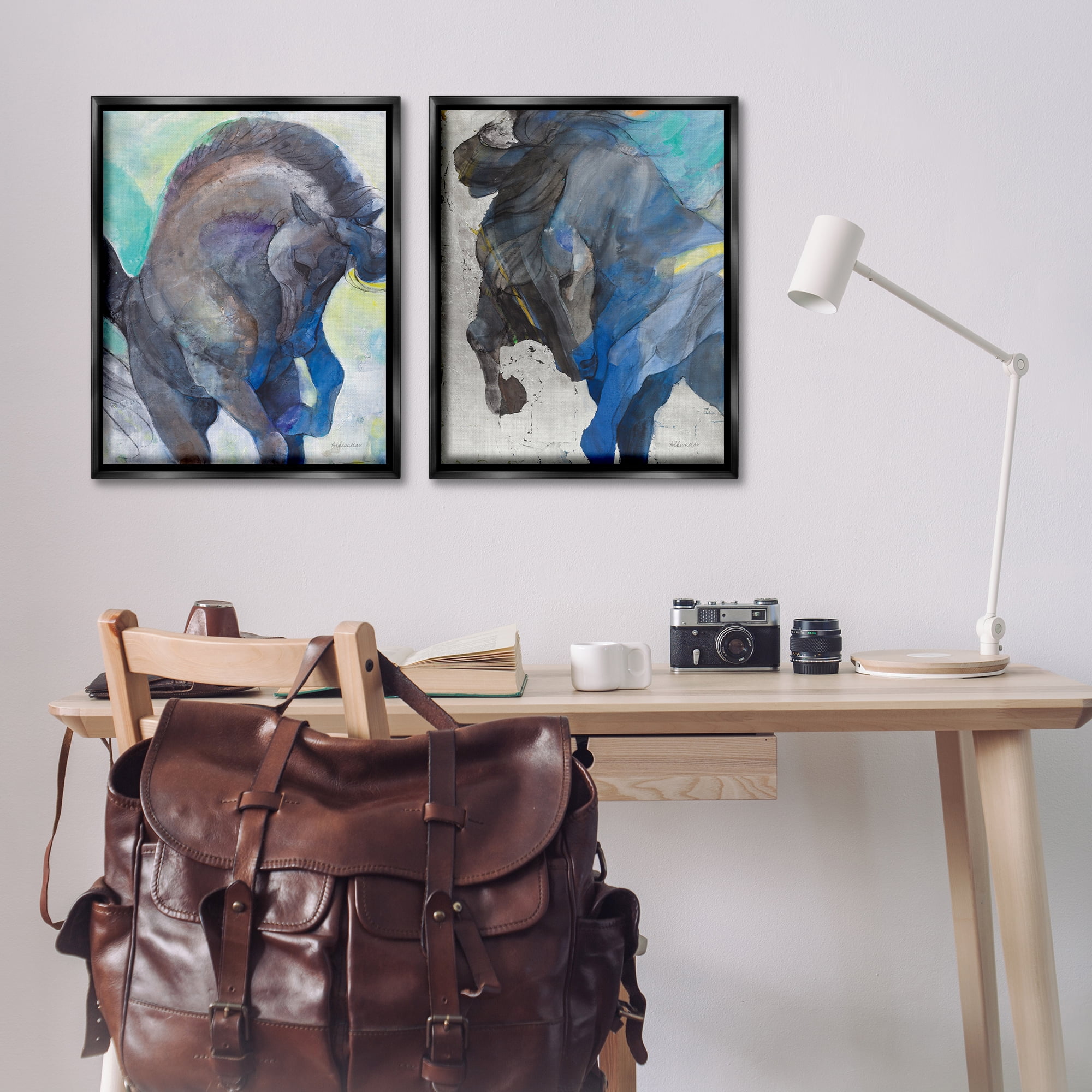 Stupell Industries Bucking Horse Joyful Play Animals Painting Black Floater Framed Canvas Art Print Wall Art, 31 x 25, Set of 2