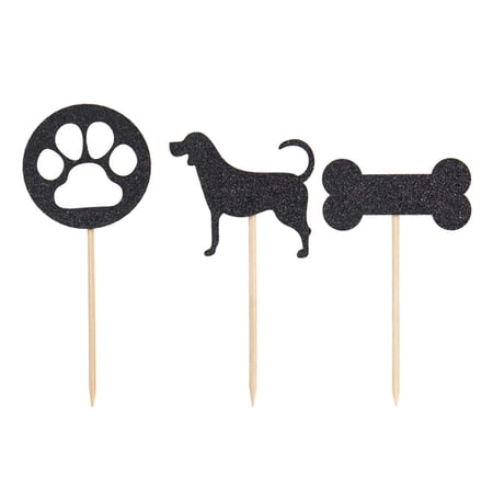 Oraceous 48pcs Black Glitter Dog Paw Print Cake Toppers with Puppy Bone Picks Paper Decorations for Party Dessert and Cake Favor - 3 Designs 16pcs Each
