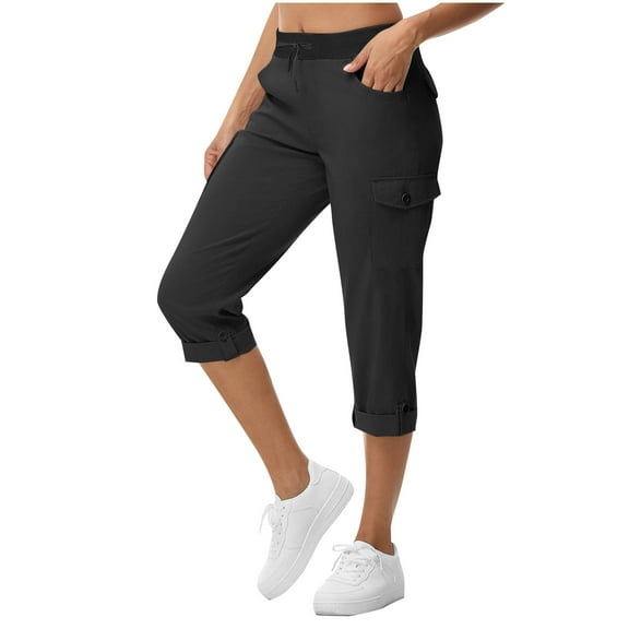 Qulqfy Cotton Women's 2025 Black Capri Casual Cargo High Waisted with Pockets Petite Pants Pants for Teen Girls Packs L