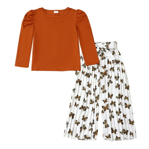 7Y Big Girls Clothes 8Y Girls 2PCS Outfits Set Round Neck Big Girls Long Sleeve Top Pants Set Brown