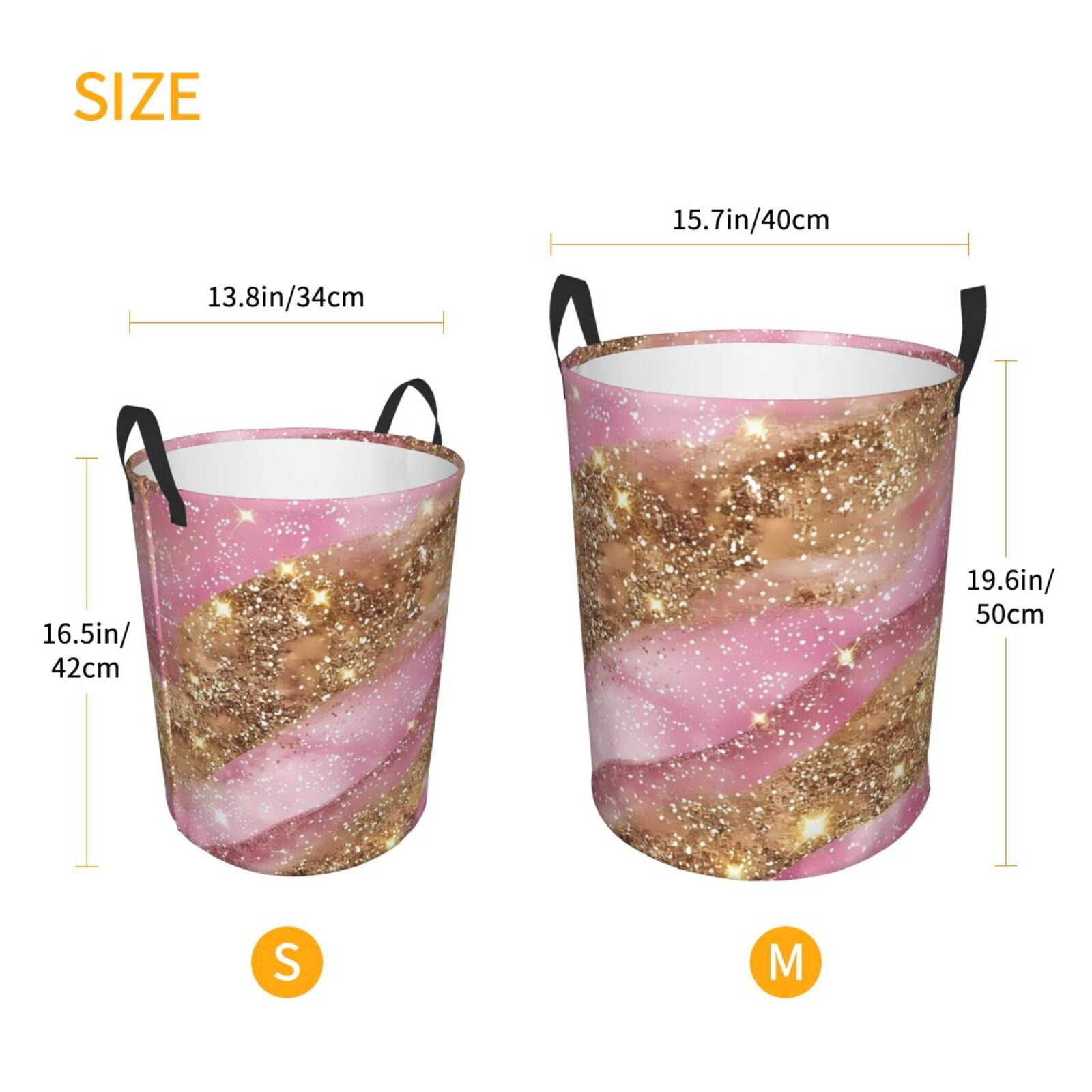 Large Laundry Basket with Handles - Pink and Gold Glam Glitter Kids Baby Dirty Clothes Laundry Hamper for Bedroom Aesthetic