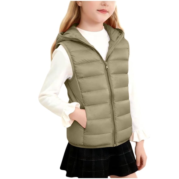 HBGVBA Girl's Zip Up Puffer Vest Hooded Sleeveless Coat,Solid Color Full-Zip Vest Casual Thermal Outer Multi-Season Wear 3-14 Years