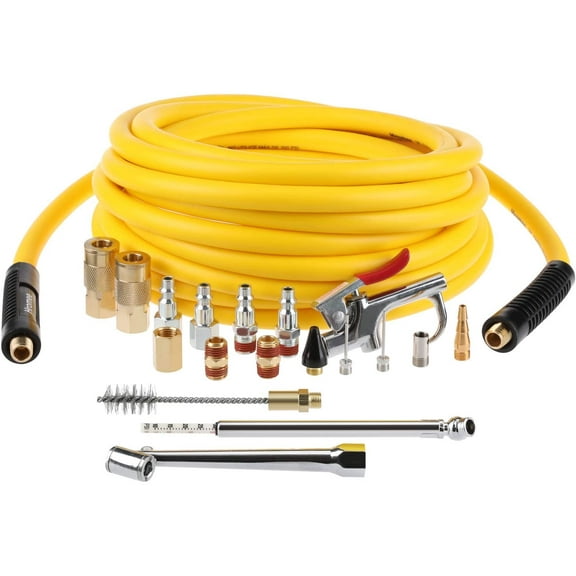 19 Pieces Air Compressor Accessories Kit with 3/8 Inch x 25FT Hybrid Hose, 1/4 Inch NPT Quick Connect Fittings, Air Blow Gun, Tire Gauge and Wire Brush