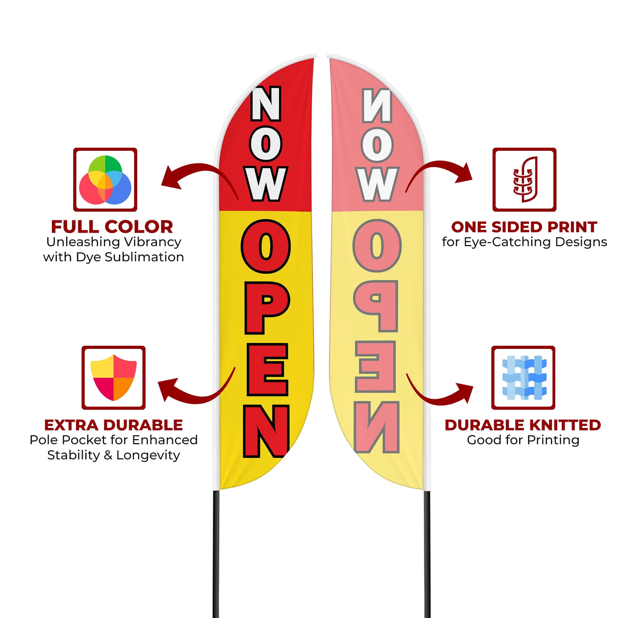 Now Open Feather flag for Outdoor by Mavis Print | 11.5 FEET Long Polyester Outdoor Banner Flag for Easy Hang | HD Print Swooper I Flag Only for Business Advertising | Made in USA I Flag Only