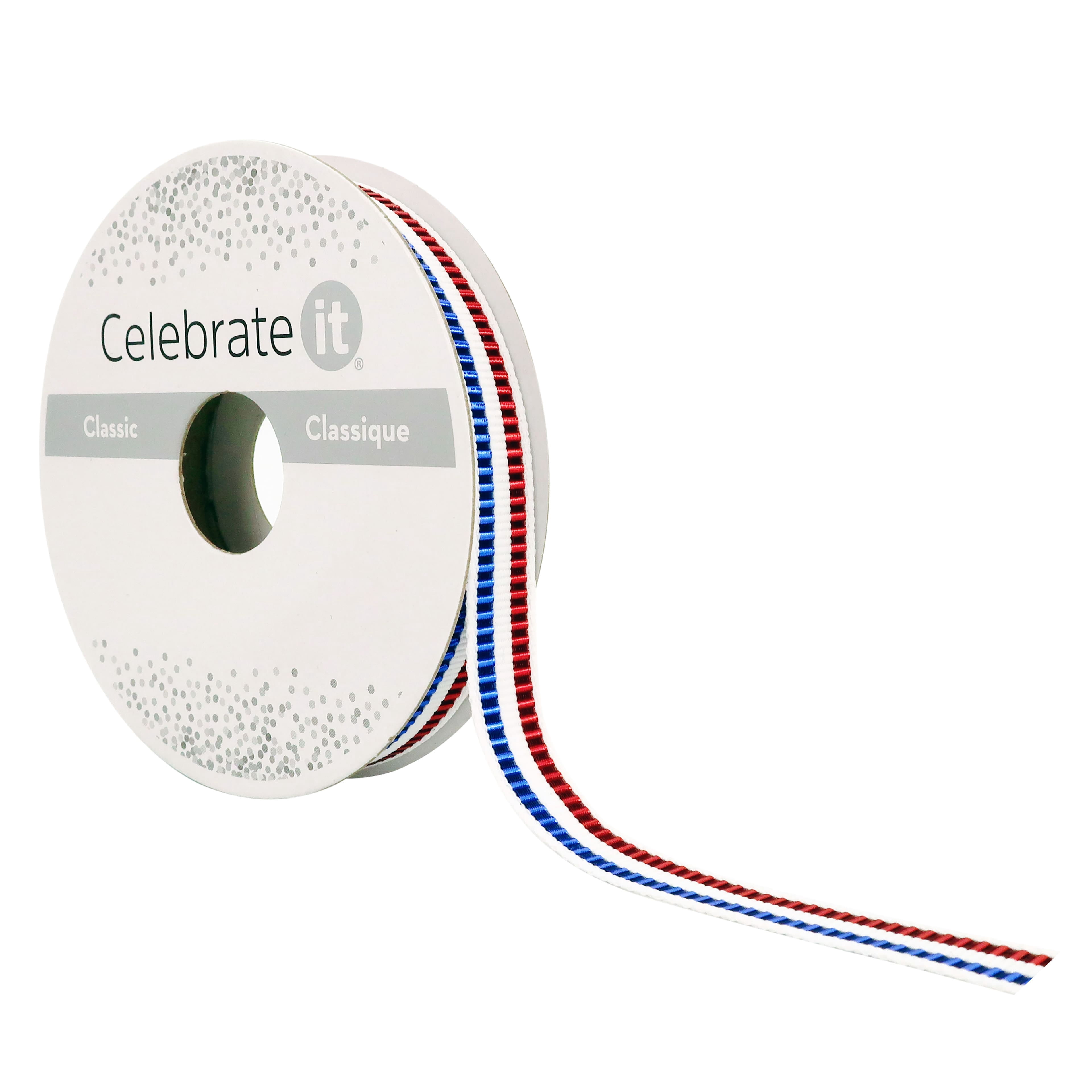 Celebrate It 3/8" x 7yd. Red, White & Blue Metallic Stripes Ribbon - Non-Wired Woven Edge, Ideal for Gift Wrapping, Crafts & Patriotic Decor, 12 Pack