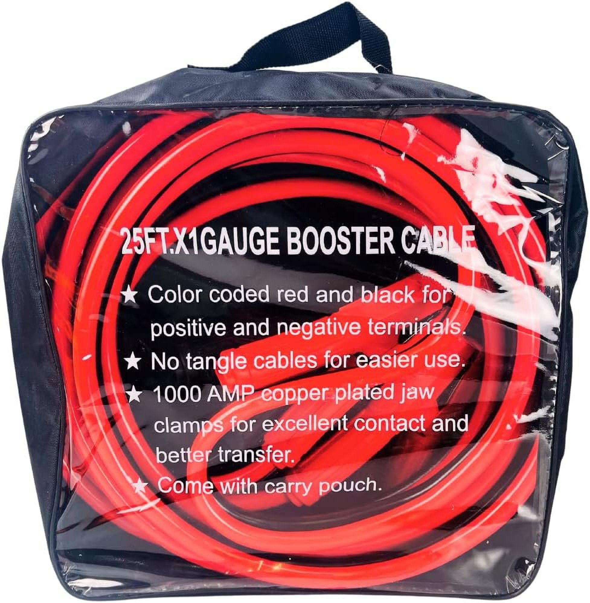 ROAD GENIE 25 Foot, 1 Gauge Booster Cable with Color-Coded Cables and Chrome Plated Clamps for Easy and Reliable Jump-Starting  Comes with Carrying Pouch