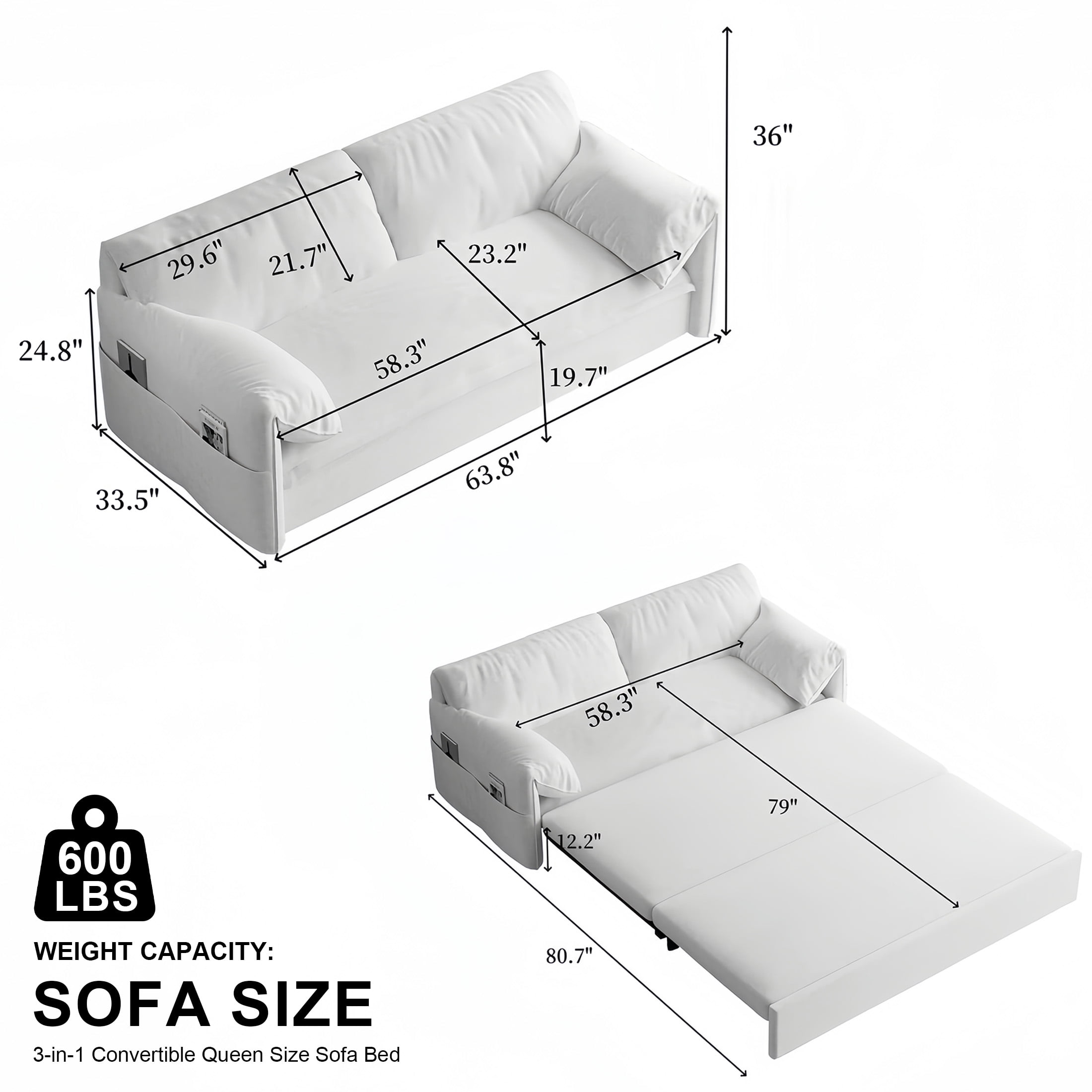 Aukfa Queen Sleeper Sofa Bed, Convertible Loveseat Pull Out Sofa Couch with Side Pockets, Blue