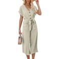 thumbnail image 3 of Women Cropped Jumpsuit, Short Sleeve V-neck Button Closure Waist Tie Solid Pants with Pockets, 3 of 5