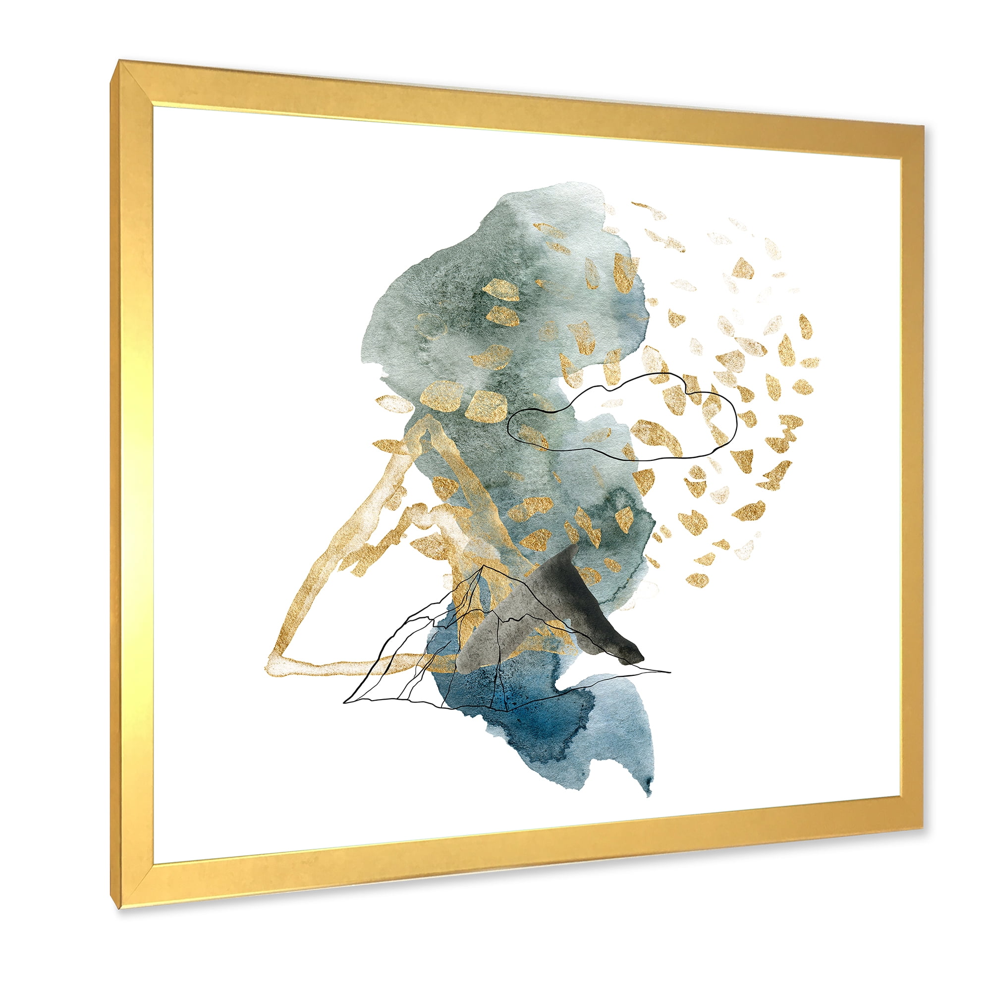Designart 'Gold Strokes and Landscape of Dark Blue Mountains I' Modern Framed Art Print