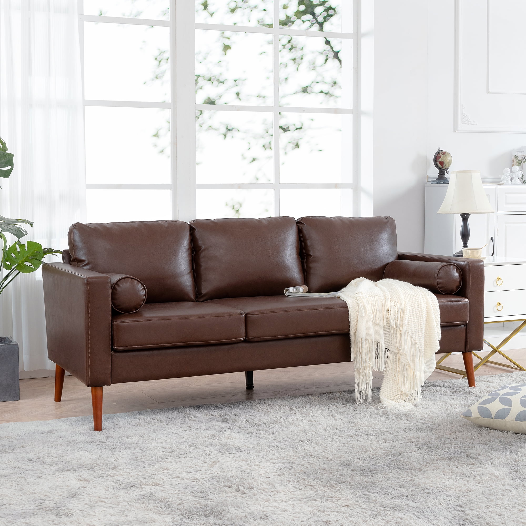 Kadyn 77" Sofa Couch, 3 Seat Comfy Couches for Living Room, Upholstered PU Sofa with Iron Wood Structure, Brown