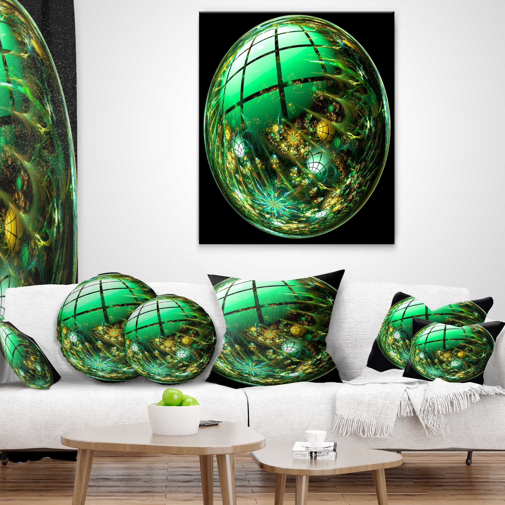 Designart Bright Green Fractal Sphere - Abstract Throw Pillow - 16x16