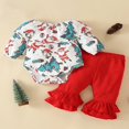 thumbnail image 3 of Christmas Baby Girls Clothes 2pcs Santa Printed Off Shoulder Ruffle Romper Top Flares Pants Set Red 12-18 Months, 3 of 8
