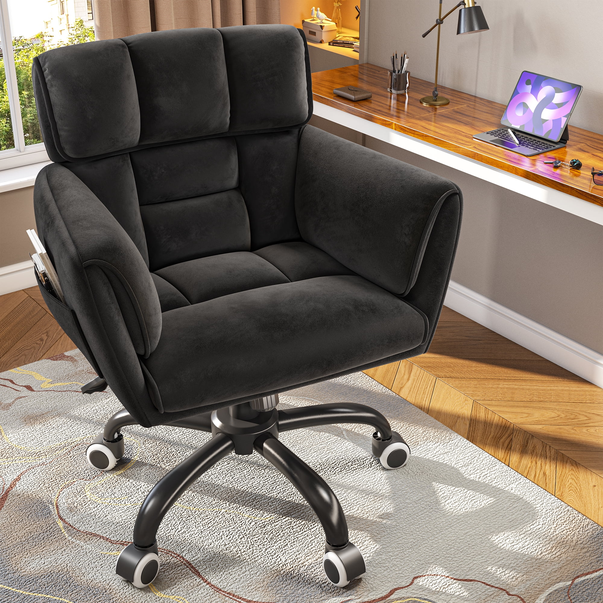 Romorgniz Adjustable Office Chair with Wheels, Soft-Touch Upholstered Desk Chair with Side Pockets, Ergonomic Vanity Chair for Bedroom, Home Office, Black