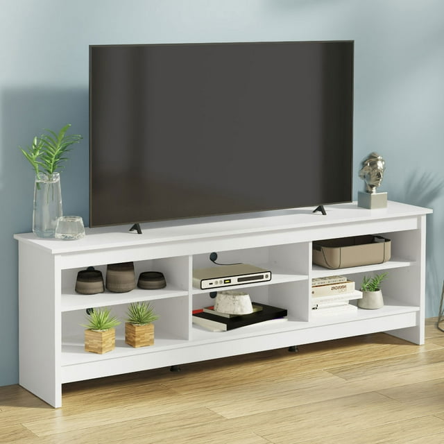 Madesa Media Console TV Stand Entertainment Center with 6 Shelves and Cable Management for 65, 75 Inch Television Living Room and Bedroom Modern Wooden - White