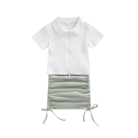 

Nokpsedcb Toddlers Girl 2PCS Streetwear Set Infants Lapel Neck Short Sleeve Solid Color Zipper Down Shirt Elastic Pleated Waist Tie Up Hem Skirt White 2-3 Years