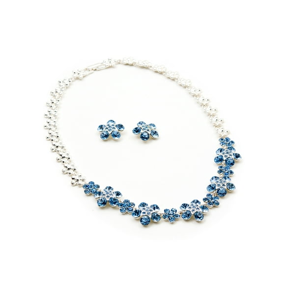 Silver Light Sapphire Rhinestone 5 Leaf Flower with Star Center Stud Earrings & Necklace Jewelry Set