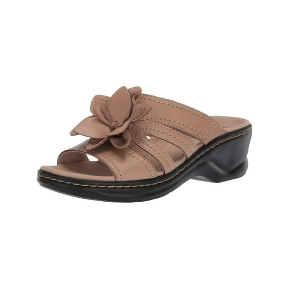 CLARKS Womens Beige 1/2" Platform Flower Embellishment Cushioned Lexi Opal Round Toe Wedge Leather Slide Sandals 8 M