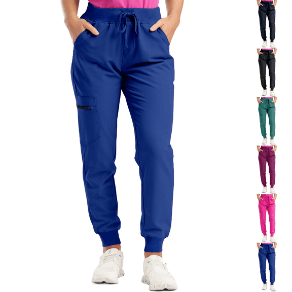 Womens Soft Stretch Jogger Scrub Pants 2026 Yoga Style Slim Drawstring Medical Nursing Scrubs with Cargo Pockets Blue XL
