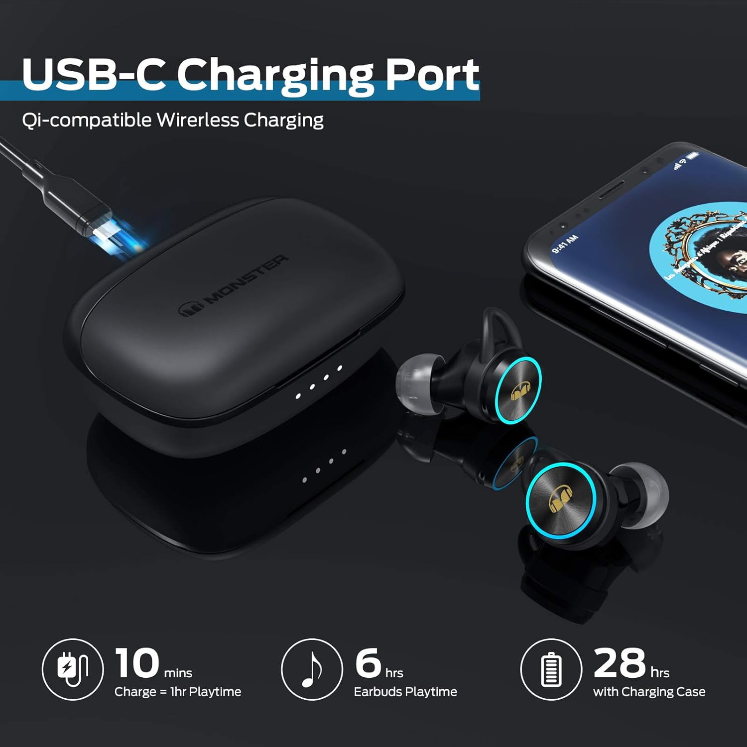 Monster Wireless Earbuds, Bluetooth 5.0 in-Ear Headphones with Charging Case, Stereo Earphones Deep Bass Sound, Built-in Mic, Clear Call, Water Resistant Design for Sports