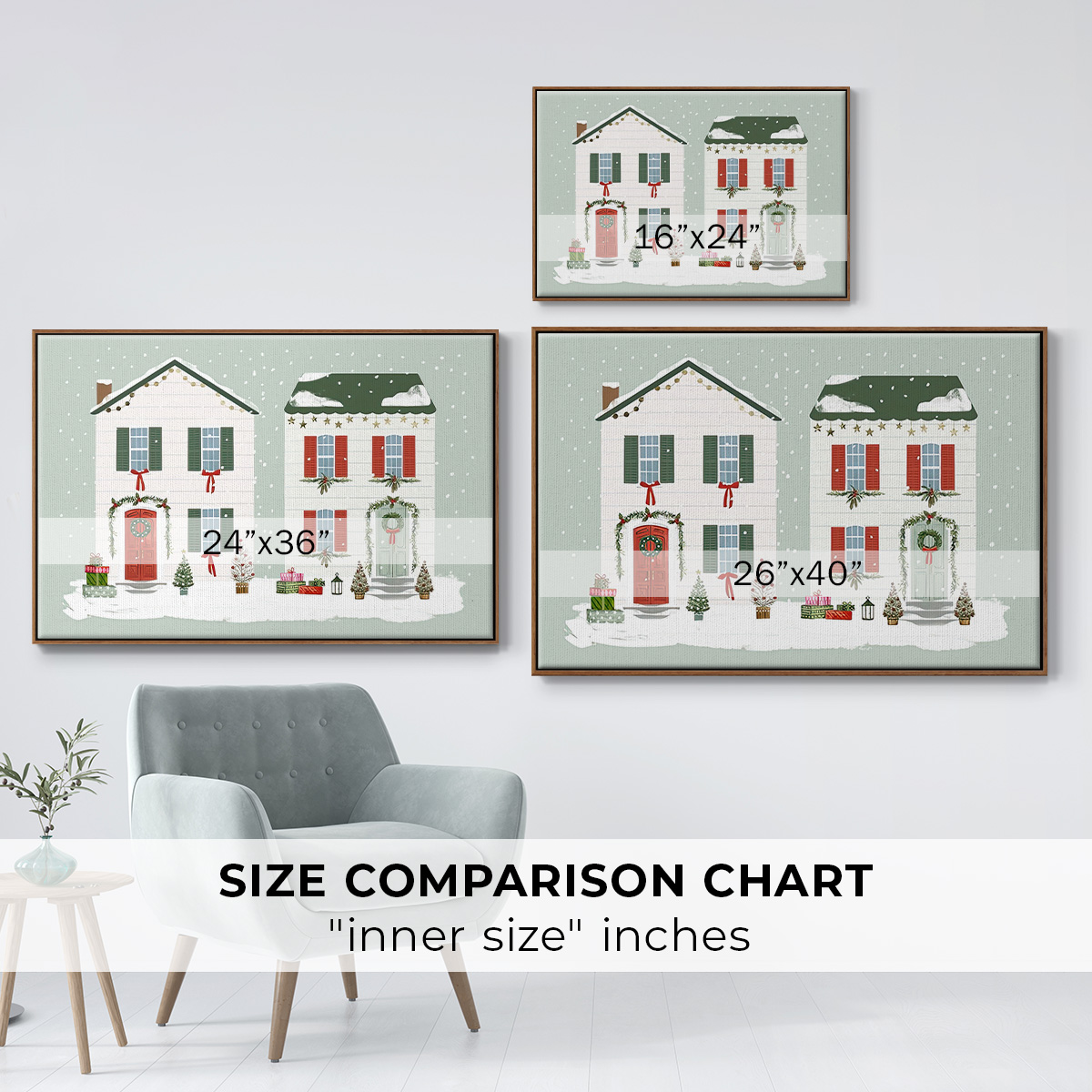 Festive Front Door Collection A - Framed Gallery Wrapped Holiday Canvas - 27 x 41 - Rosewood Frame