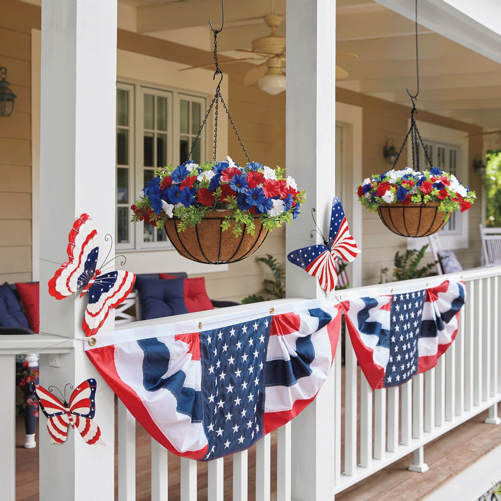 4th of July Hanging Flower Basket with Artificial Flowers, Patriotic Red White Blue Faux Hanging Planter for Porch Garden Patio Balcony Independence Day Home Decor 250th Anniversary Decorations