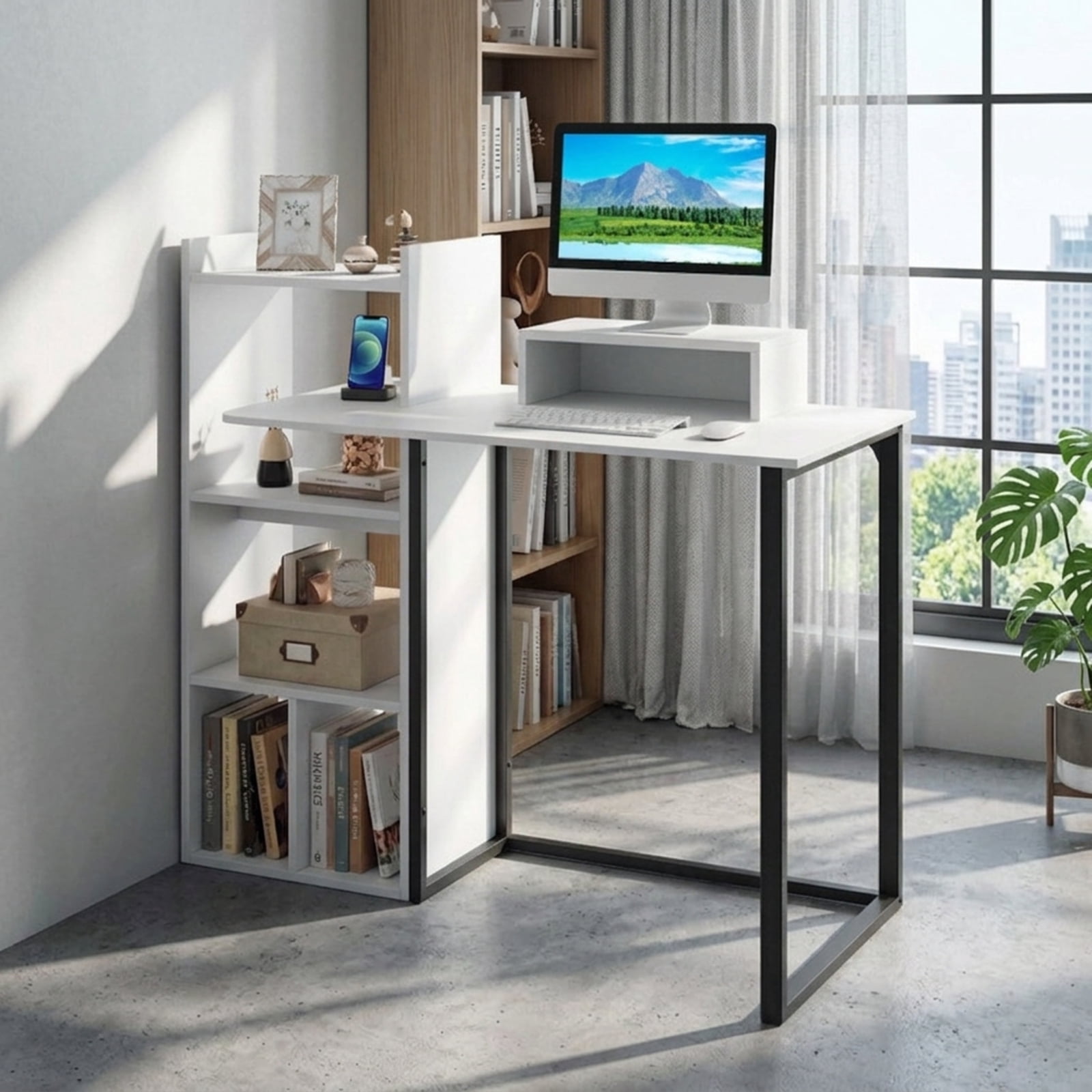 Furnibear 43.5" Computer Desk with Charging Station, Home Office Desk with Ergonomic Monitor Stand and Open Shelves for Bedroom Study, White