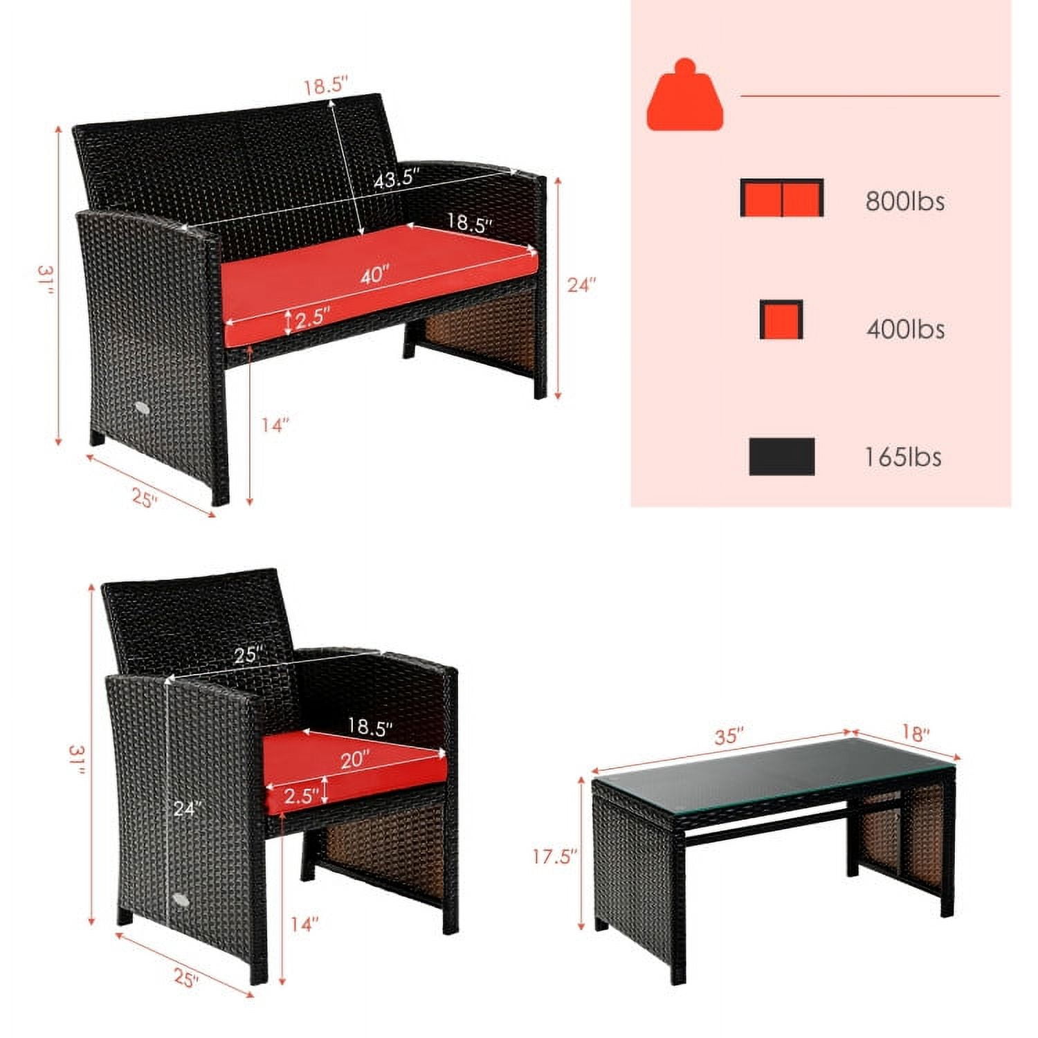 Aimee Lii 4 Pieces Wicker Patio Furniture Set, Coffee Table Cushioned Sofa, Modern Patio Furniture, Red Aimee Lii 4 Pieces Wicker Patio Furniture Set, Coffee Table Cushioned Sofa, Modern Patio Furniture, Red