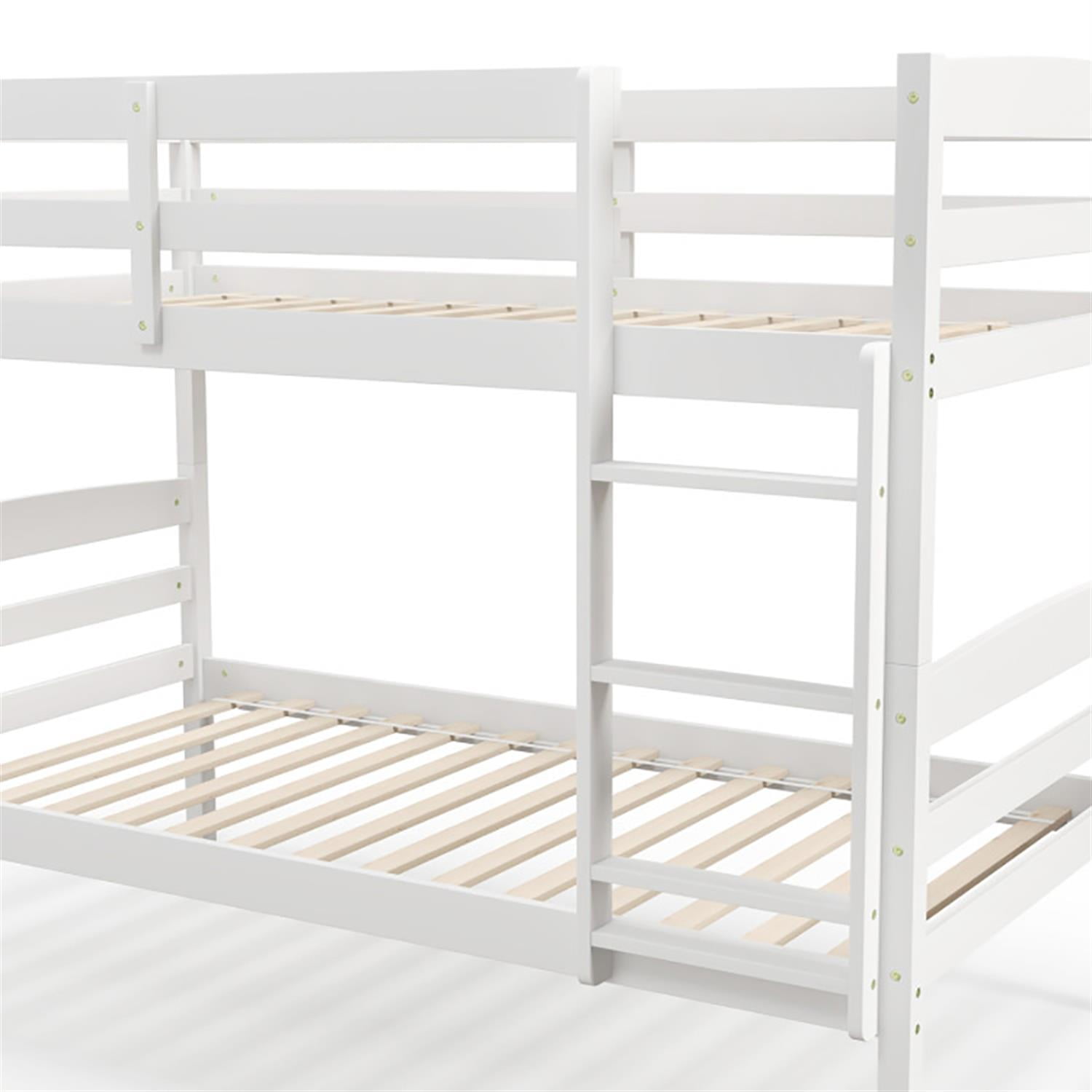 Demi Bonn Solid Wood Twin Over Twin Bunk Bed with High Guardrails and Integrated Ladder, Twin Bunk Beds, Bed Frame, White