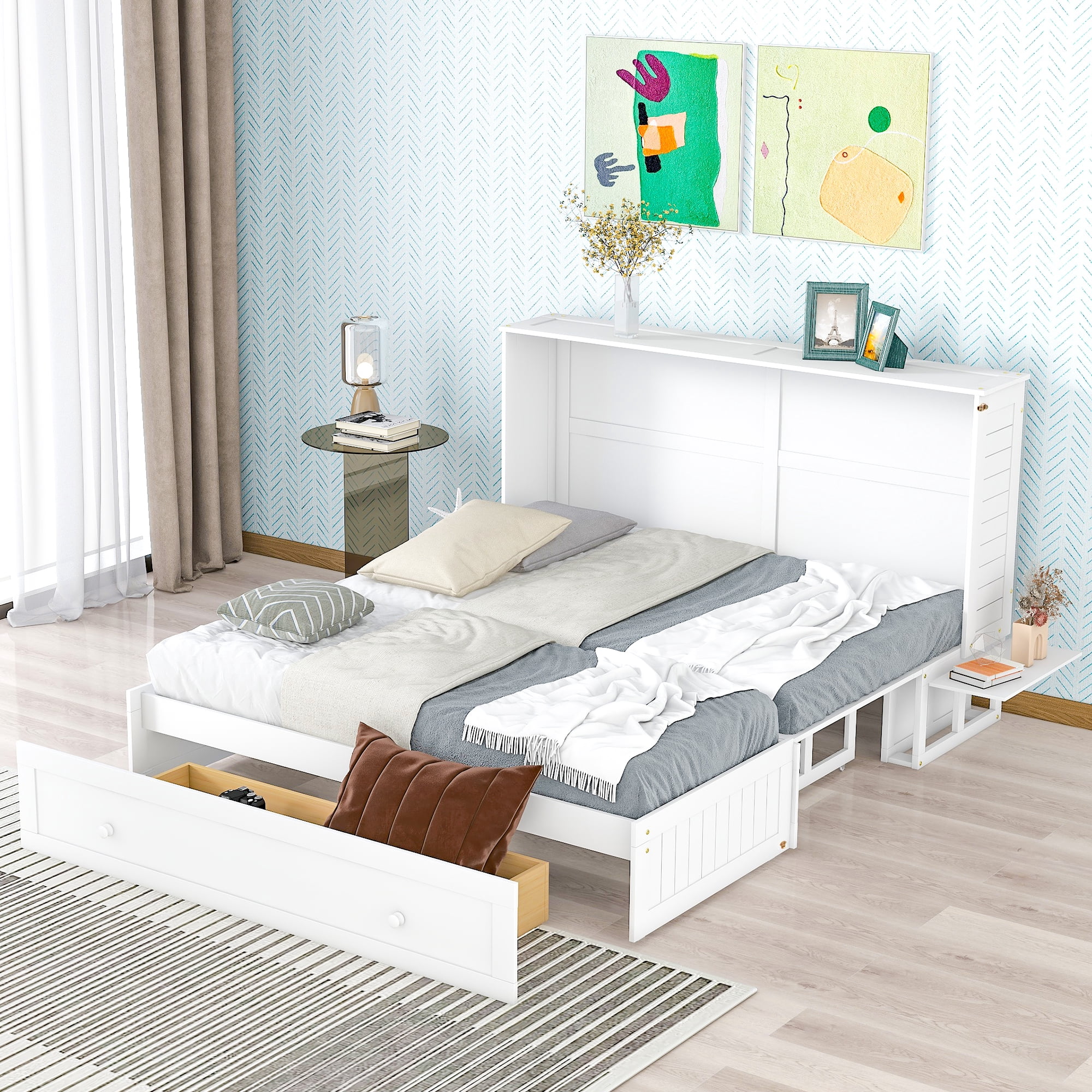 Euroco Queen Size Murphy Bed with Shelf and Drawers, Convertible into a Cabinet with USB Charging Station for Adult Living Room, Easy Open and Close