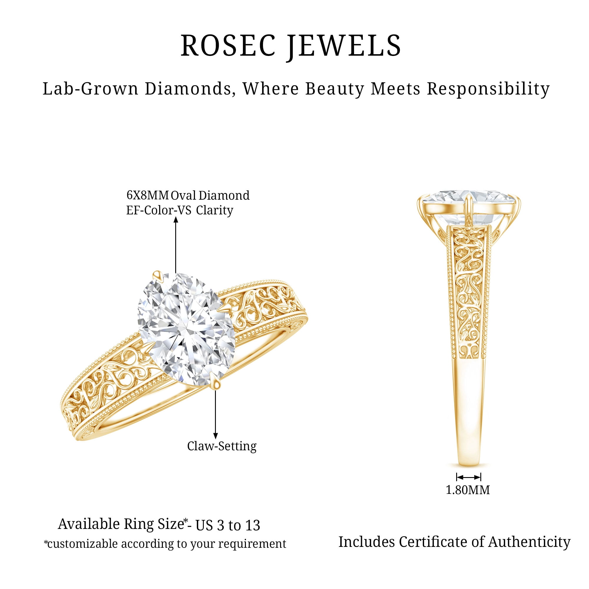 Rosec Jewels Vintage Inspired Lab Diamond Oval Engagement Ring - 1 Carat - Ready To Gift for Women, 10K Yellow Gold, US 9.00