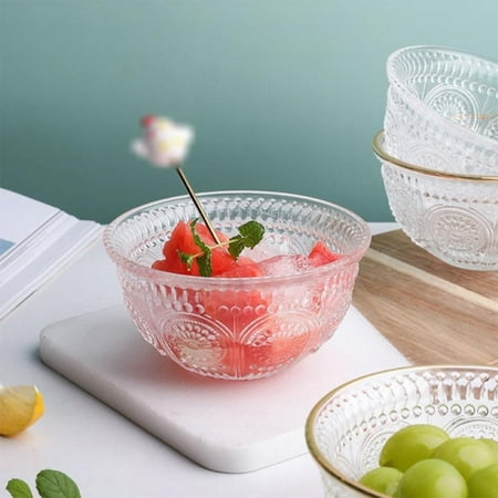 

Glass Salad Bowl Embossed Sunflower Phnom Penh Transparent Bowl Fruit Noodle Rice Bowl Decoration Tableware Kitchen Accessories