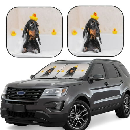 Hirioo Dachshund Sitting in Bathtub for 2PCS Windshield Sun Shade Foldable | Front Windshield Shade for Sun Heat and UV Rays-Small