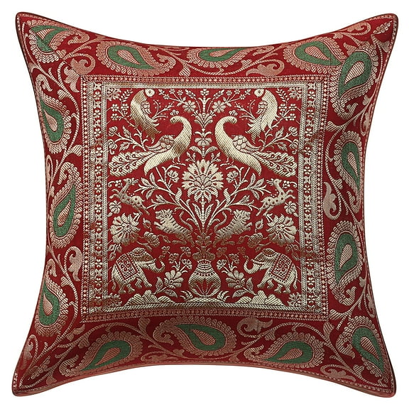 Stylo Culture Indian Decorative Throw Pillow Cover 16x16 Jacquard Maroon Gold Traditional 40x40 cm Home Decor Brocade Peacock Zippered Square Cushion Cover | 1 Pc