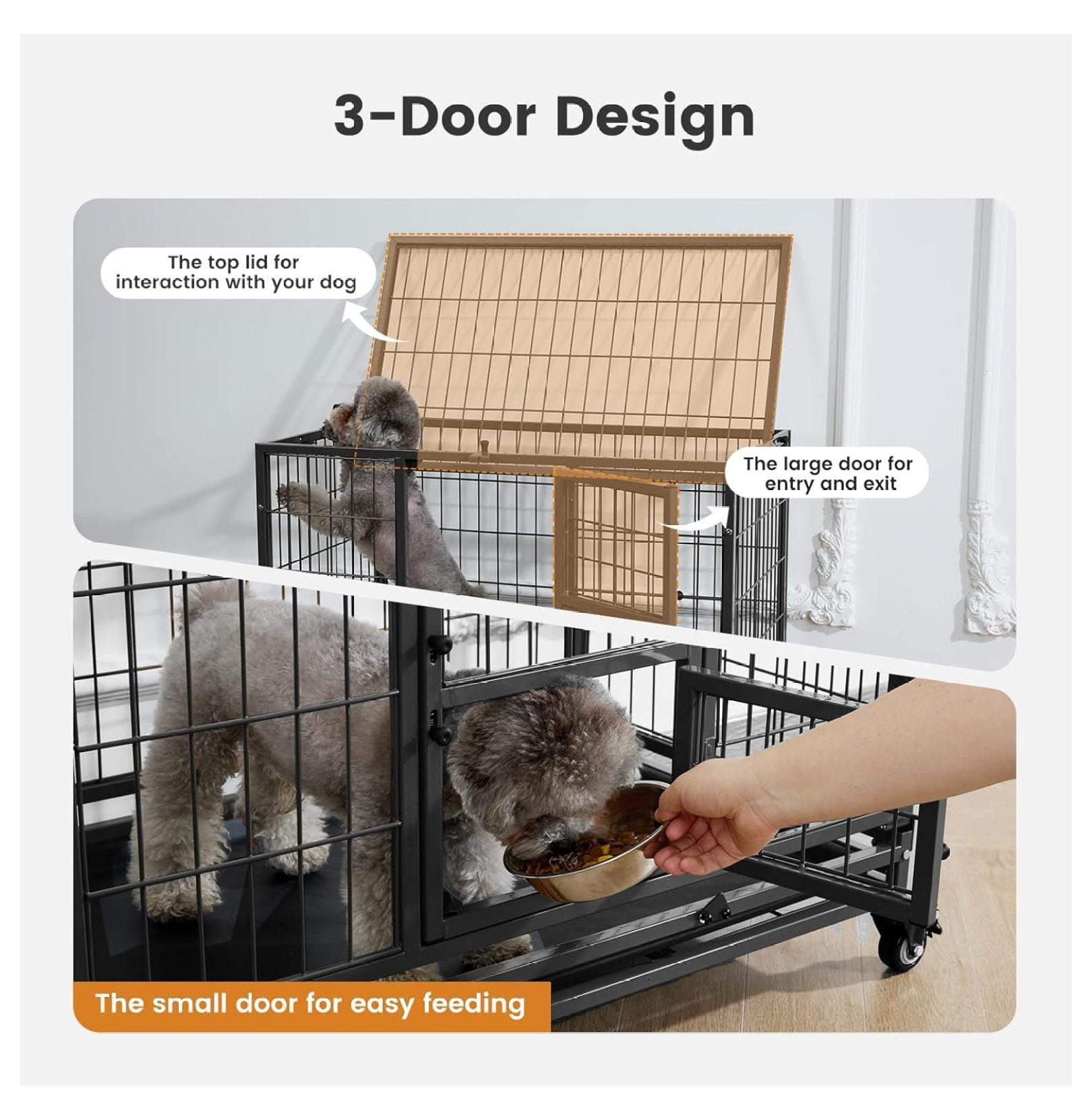 32 Inch Heavy Duty Dog Crate with Wheels, Folding Metal Dog Cage for Puppy/Small and Medium Dogs, Indestructible Dog Crate with Removable Tray (Black)