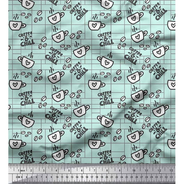 Soimoi Green Rayon Crepe Fabric Coffee & CHill Text Decor Fabric Printed Yard 46 Inch Wide